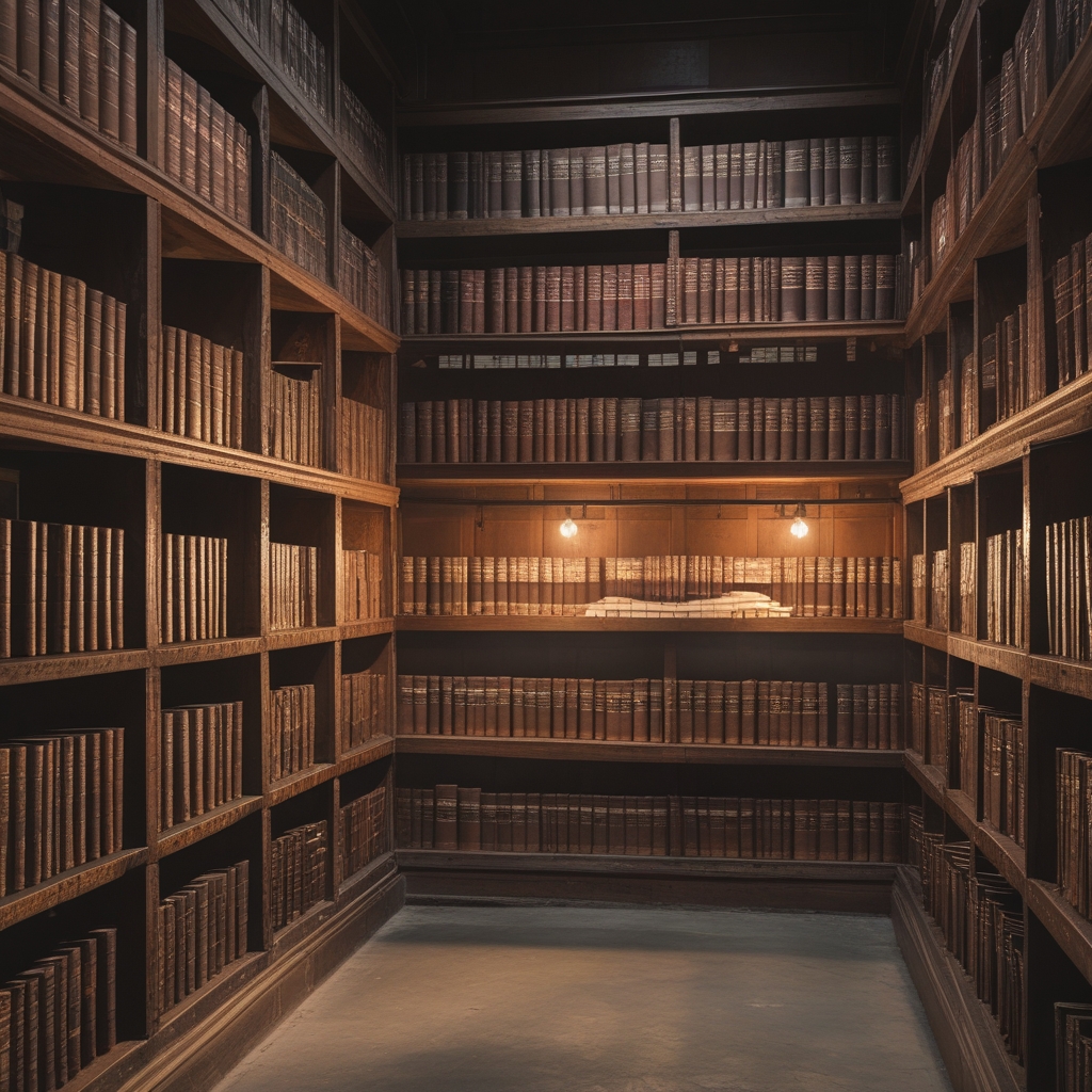 Bibliothèque ancienne avec rangées de livres reliés en cuir brun sur des étagères en bois sombre, lumière chaude d'une lampe de bureau, atmosphère studieuse et sérieuse