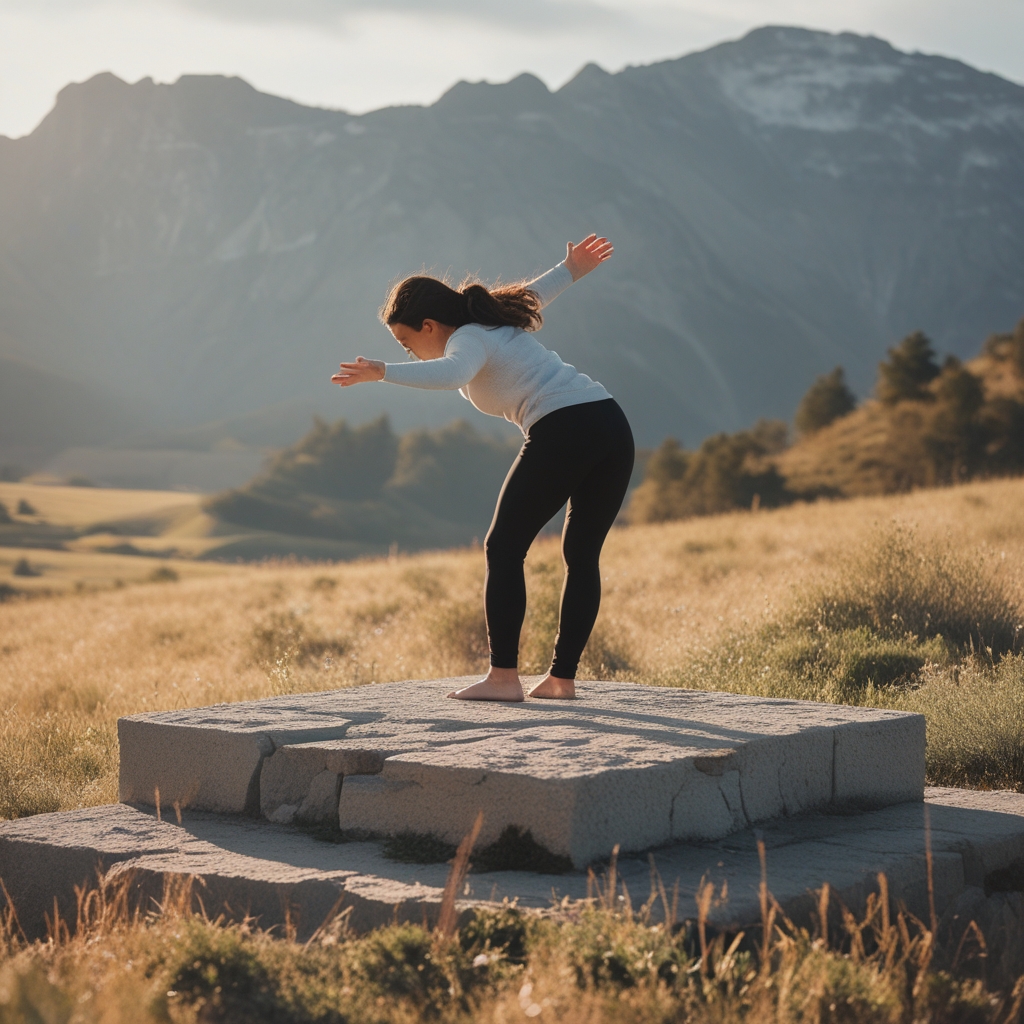 Vue aérienne d'une personne debout en équilibre sur un seul pied sur une surface en bois patiné, prise depuis le dessus, composition géométrique abstraite avec ombre portée longue, lumière rasante