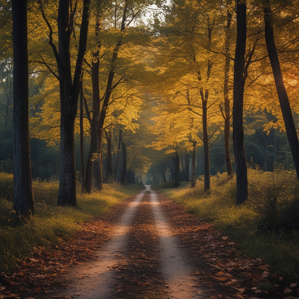 Sentier forestier ombragé avec lumière filtrant entre les arbres, sol recouvert de feuilles automnales, ambiance de marche contemplative en pleine nature